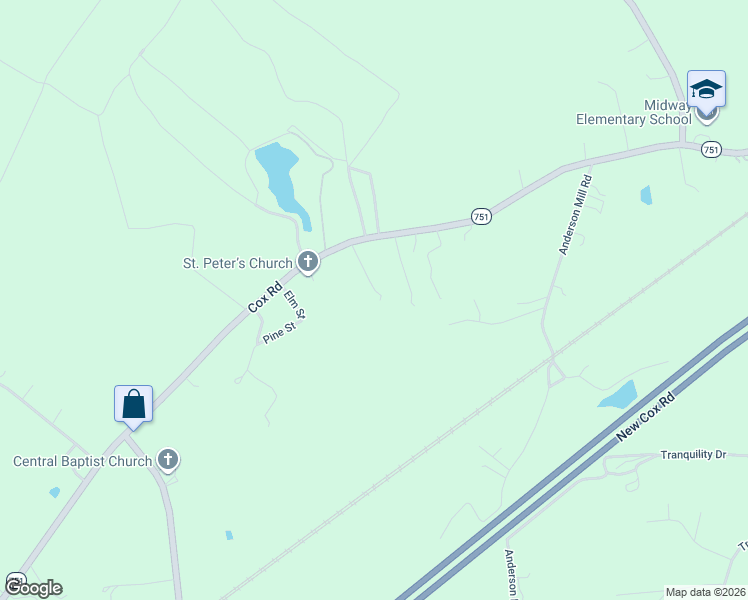 map of restaurants, bars, coffee shops, grocery stores, and more near 15803 Cox Road in Church Road