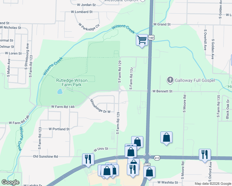 map of restaurants, bars, coffee shops, grocery stores, and more near 1402 South Farm Road 129 in Springfield
