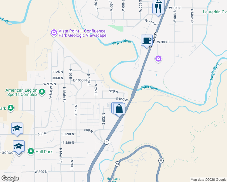 map of restaurants, bars, coffee shops, grocery stores, and more near 920 North in Hurricane