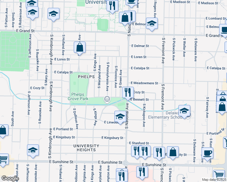 map of restaurants, bars, coffee shops, grocery stores, and more near 1101 East Bennett Street in Springfield
