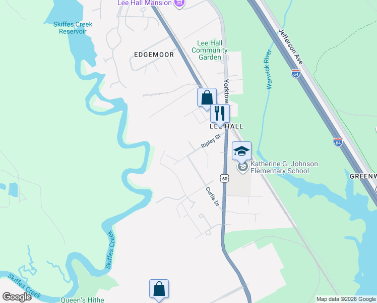 map of restaurants, bars, coffee shops, grocery stores, and more near 39 Ripley Street in Newport News