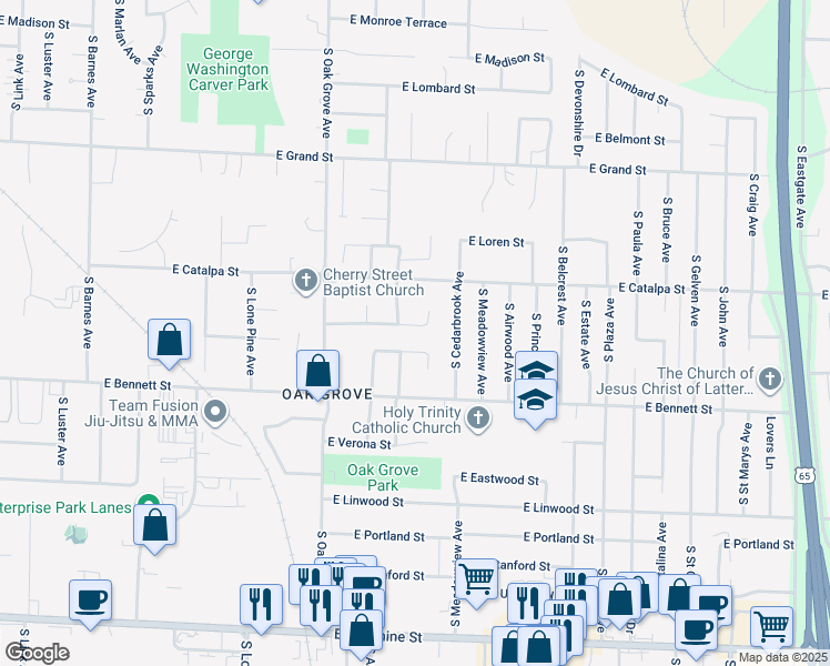 map of restaurants, bars, coffee shops, grocery stores, and more near 2722-2798 East Cozy Street in Springfield