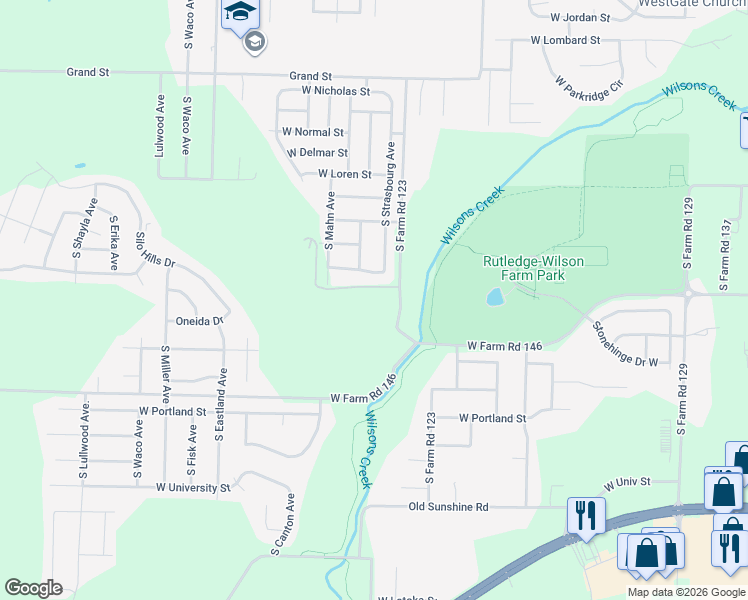 map of restaurants, bars, coffee shops, grocery stores, and more near 1407 South Farm Road 123 in Springfield