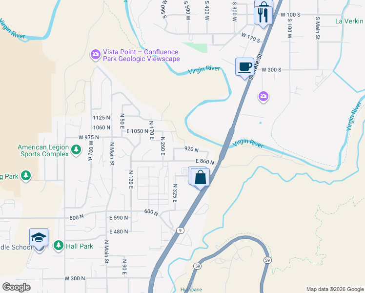 map of restaurants, bars, coffee shops, grocery stores, and more near 319 920 North in Hurricane