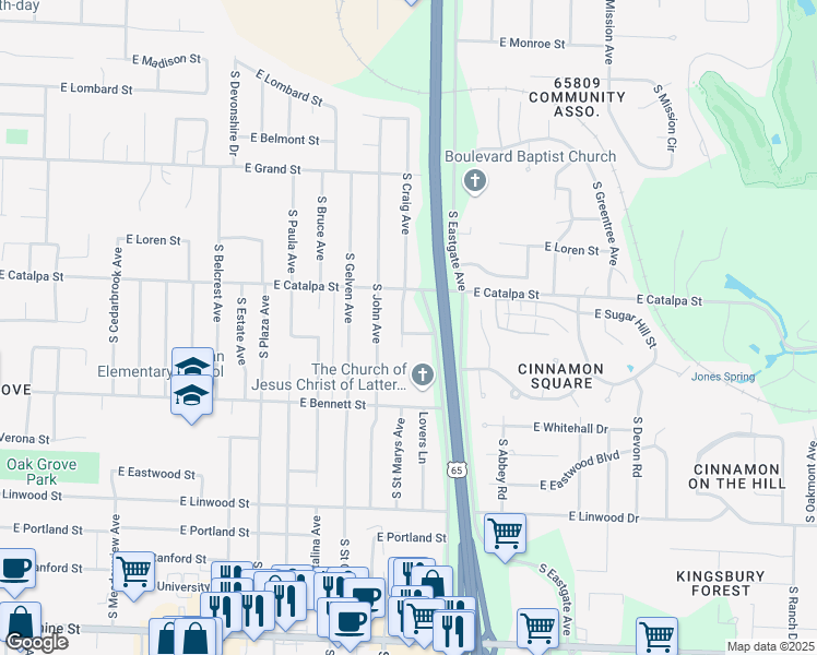 map of restaurants, bars, coffee shops, grocery stores, and more near 1304 South John Avenue in Springfield