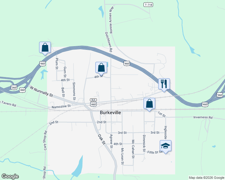 map of restaurants, bars, coffee shops, grocery stores, and more near 102 2nd Street in Burkeville