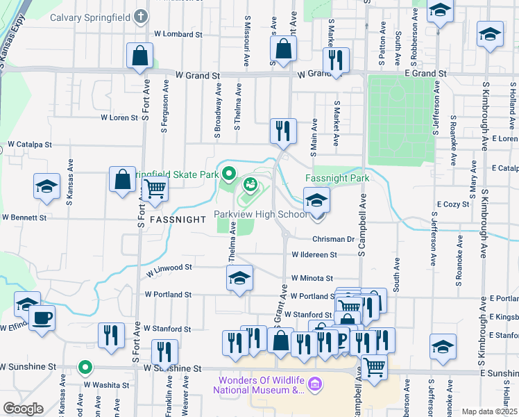 map of restaurants, bars, coffee shops, grocery stores, and more near 506 South Grant Avenue in Springfield