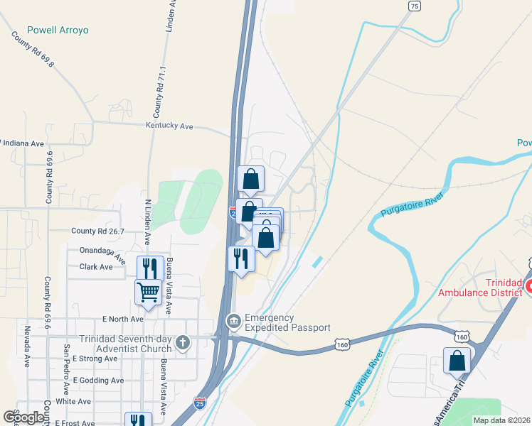 map of restaurants, bars, coffee shops, grocery stores, and more near Fishers Peak Avenue in Trinidad