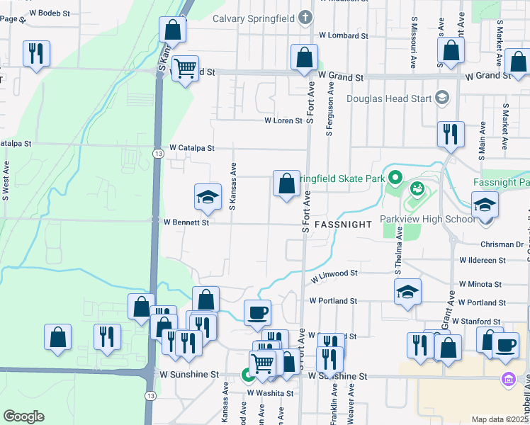 map of restaurants, bars, coffee shops, grocery stores, and more near 1363 South Newton Avenue in Springfield