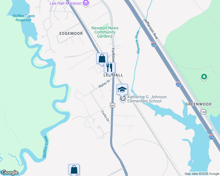 map of restaurants, bars, coffee shops, grocery stores, and more near 17385 Warwick Boulevard in Newport News