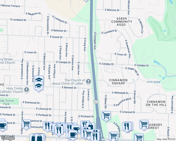 map of restaurants, bars, coffee shops, grocery stores, and more near 3349 East Catalpa Street in Springfield