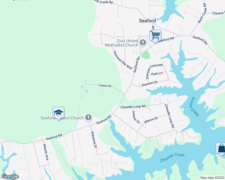 map of restaurants, bars, coffee shops, grocery stores, and more near 109 Lewis Drive in Seaford