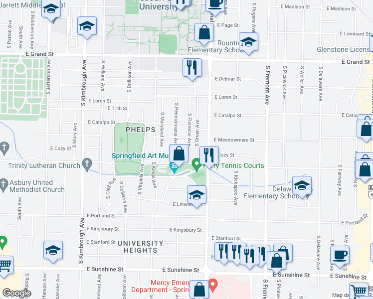 map of restaurants, bars, coffee shops, grocery stores, and more near 1327 South Florence Avenue in Springfield