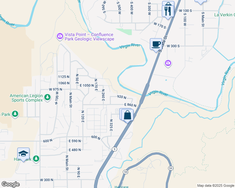 map of restaurants, bars, coffee shops, grocery stores, and more near 939 North 325 East in Hurricane