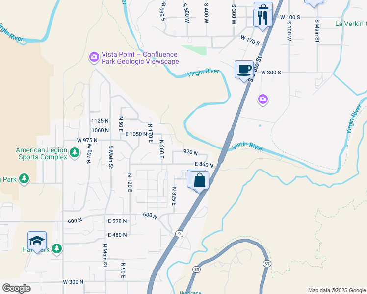 map of restaurants, bars, coffee shops, grocery stores, and more near 939 North 325 East in Hurricane