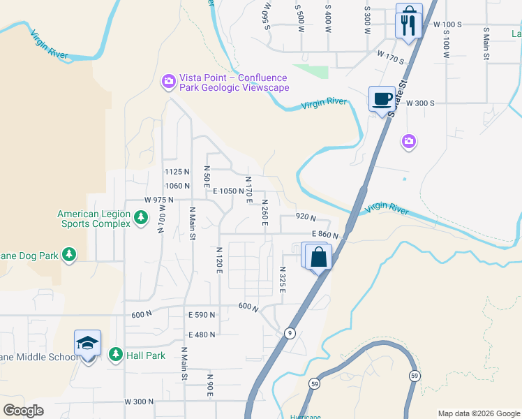 map of restaurants, bars, coffee shops, grocery stores, and more near 250 East 970 North in Hurricane