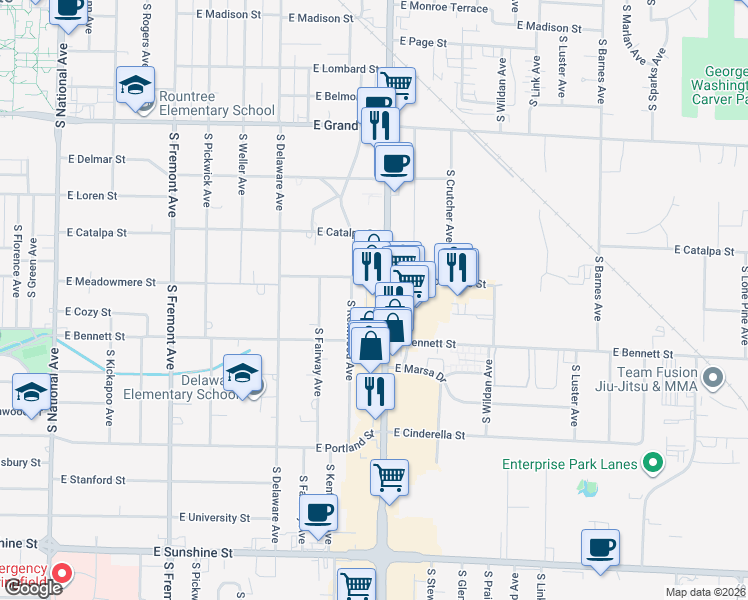 map of restaurants, bars, coffee shops, grocery stores, and more near 1325 South Glenstone Avenue in Springfield