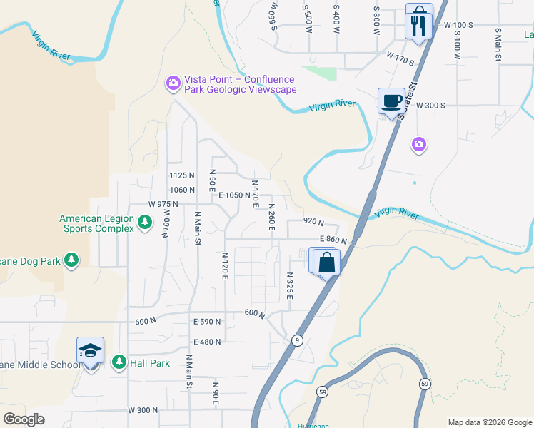 map of restaurants, bars, coffee shops, grocery stores, and more near 250 East 970 North in Hurricane