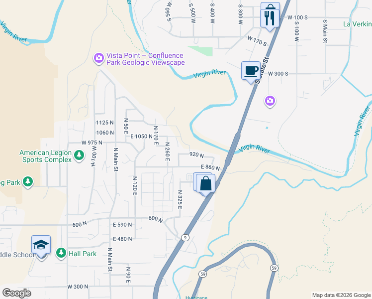 map of restaurants, bars, coffee shops, grocery stores, and more near 319 920 North in Hurricane