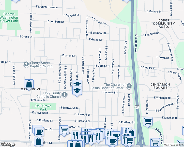 map of restaurants, bars, coffee shops, grocery stores, and more near 1220 South Plaza Avenue in Springfield