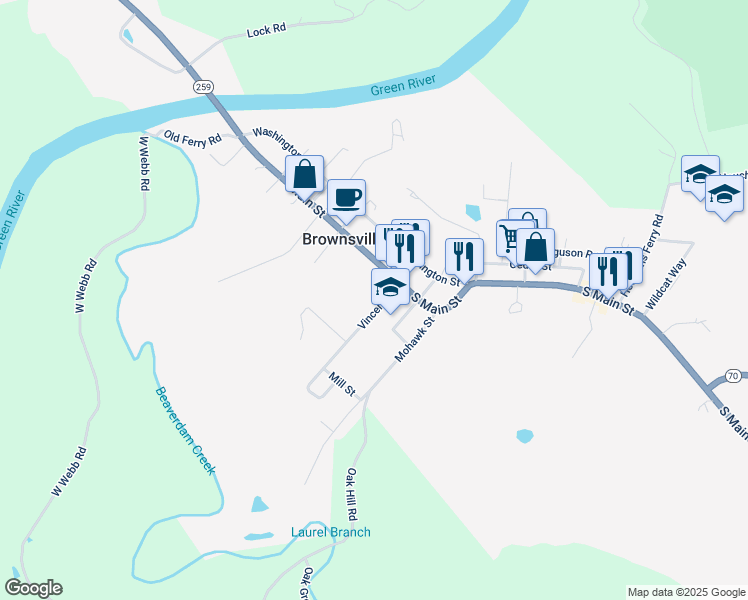map of restaurants, bars, coffee shops, grocery stores, and more near 541-543 Kentucky Highway 259 in Brownsville