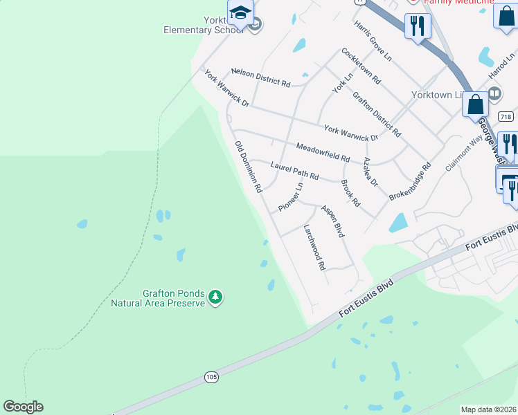 map of restaurants, bars, coffee shops, grocery stores, and more near 402 Old Dominion Road in Yorktown