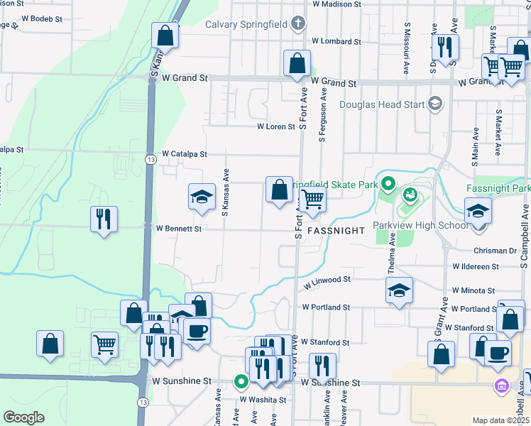 map of restaurants, bars, coffee shops, grocery stores, and more near 1350 South Newton Avenue in Springfield