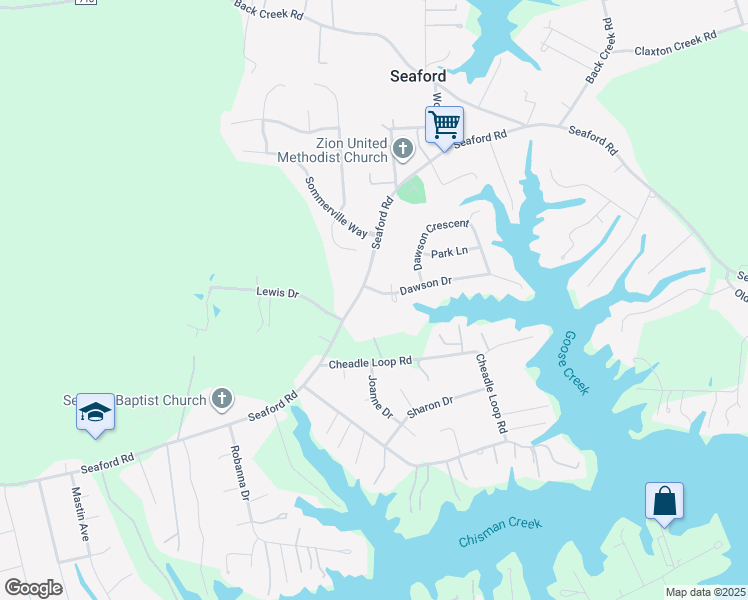 map of restaurants, bars, coffee shops, grocery stores, and more near 100 Dawson Drive in Seaford