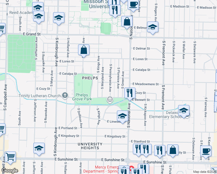 map of restaurants, bars, coffee shops, grocery stores, and more near 1306 South Pennsylvania Avenue in Springfield