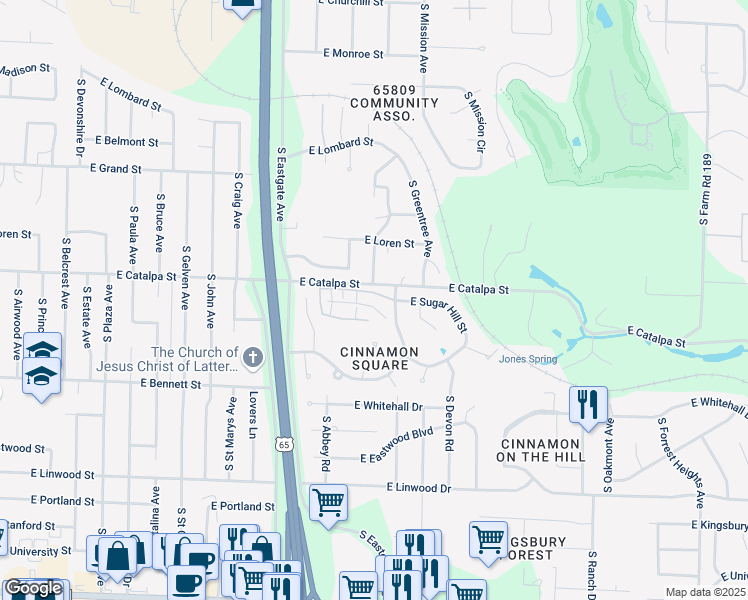 map of restaurants, bars, coffee shops, grocery stores, and more near 3530 East Catalpa Street in Springfield