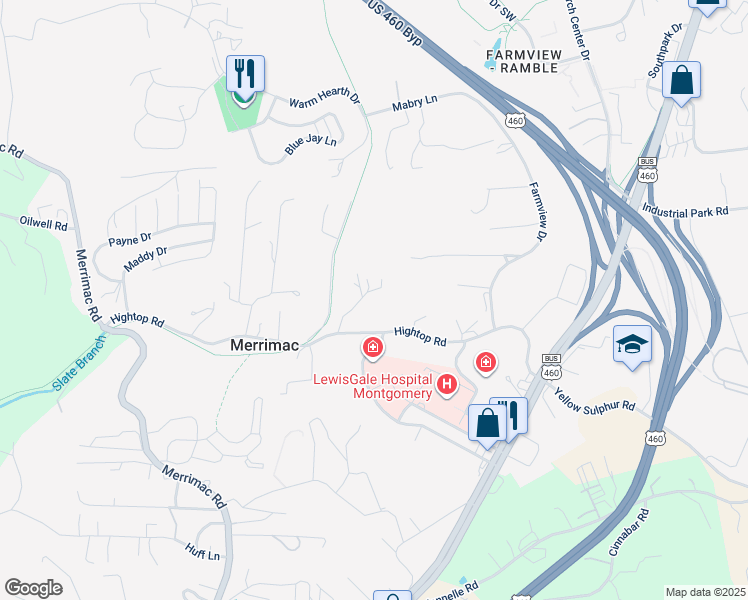 map of restaurants, bars, coffee shops, grocery stores, and more near 874 Field Drive in Blacksburg
