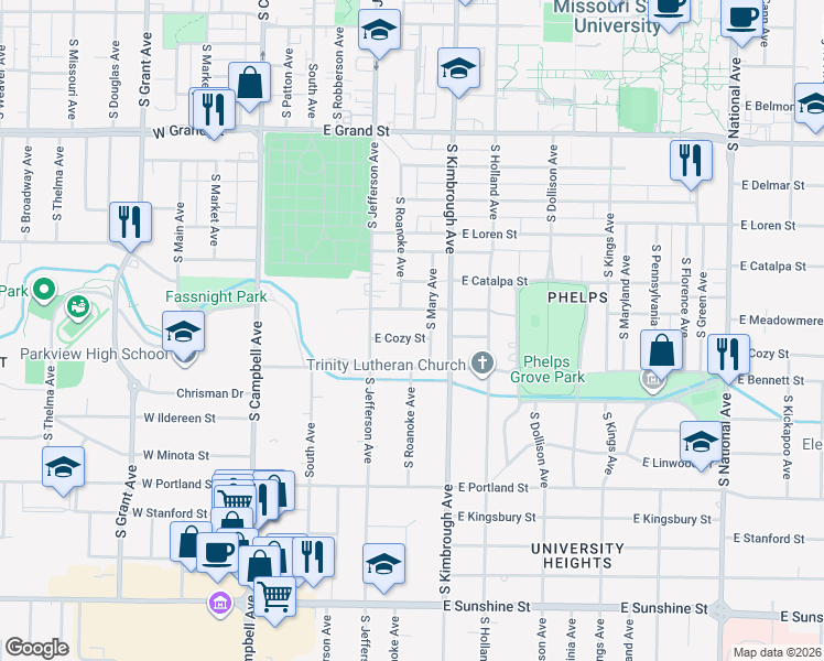 map of restaurants, bars, coffee shops, grocery stores, and more near 526 East Meadowmere Street in Springfield