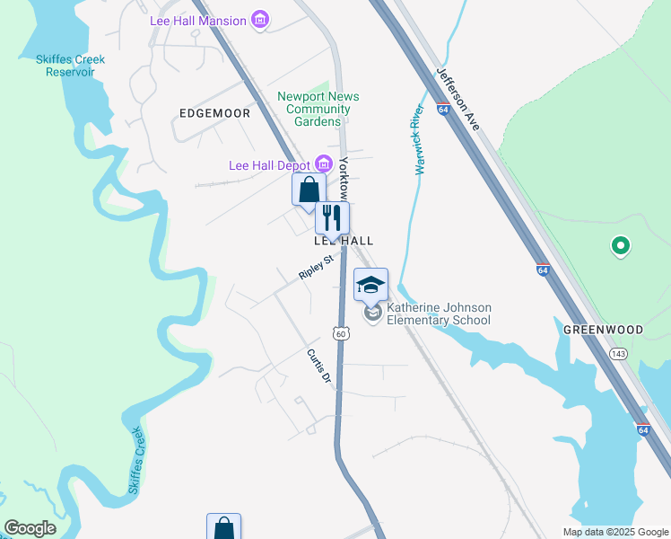 map of restaurants, bars, coffee shops, grocery stores, and more near 17385 Warwick Boulevard in Newport News