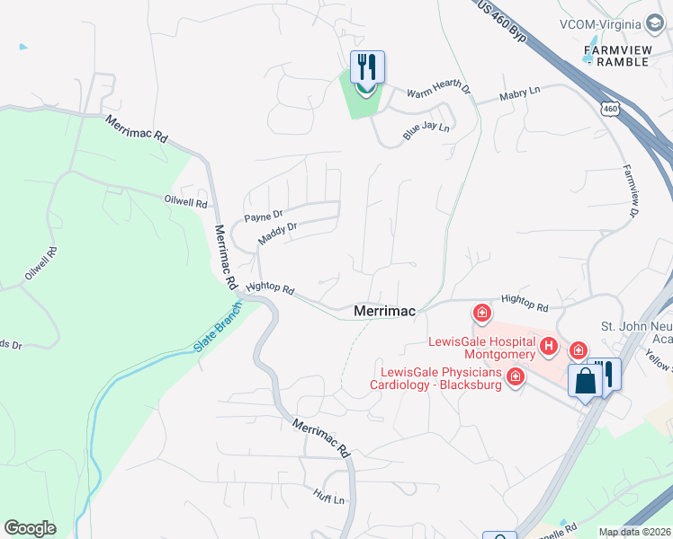 map of restaurants, bars, coffee shops, grocery stores, and more near 1070 Hightop Road in Blacksburg