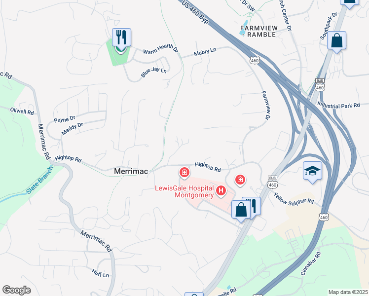 map of restaurants, bars, coffee shops, grocery stores, and more near 874 Field Drive in Blacksburg
