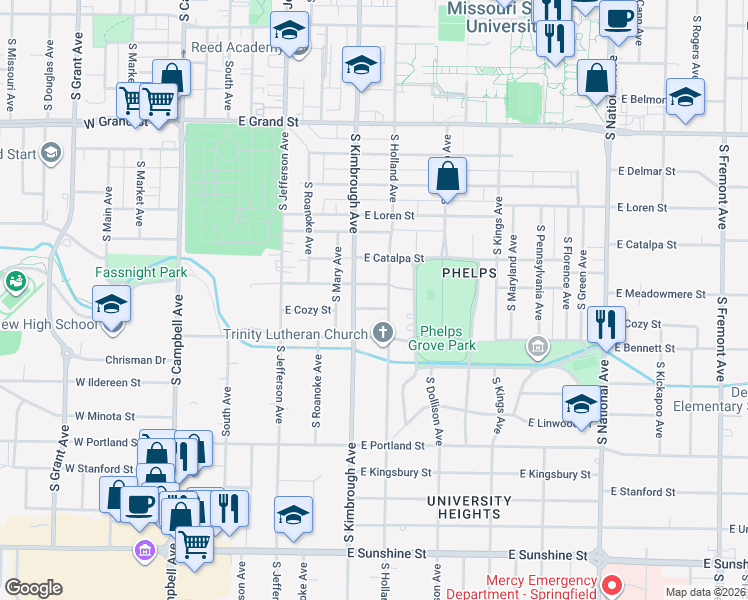 map of restaurants, bars, coffee shops, grocery stores, and more near 621 East Cozy Street in Springfield