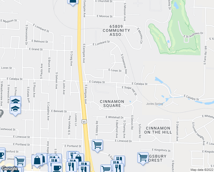 map of restaurants, bars, coffee shops, grocery stores, and more near 3530 East Catalpa Street in Springfield