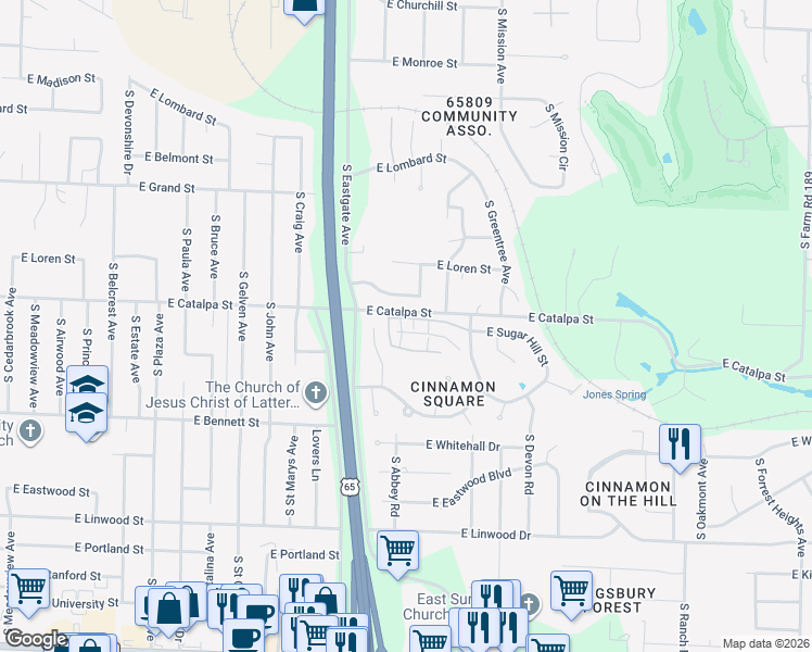 map of restaurants, bars, coffee shops, grocery stores, and more near 3452 E Catalpa St in Springfield