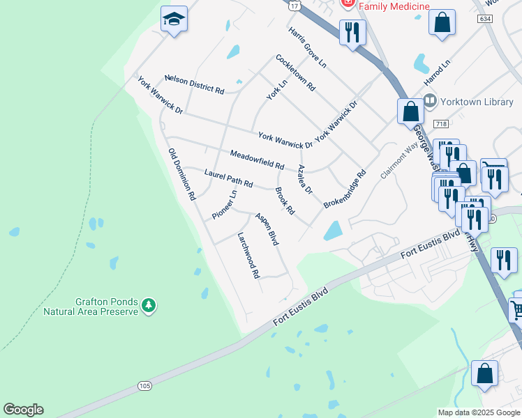 map of restaurants, bars, coffee shops, grocery stores, and more near 203 Aspen Boulevard in Yorktown