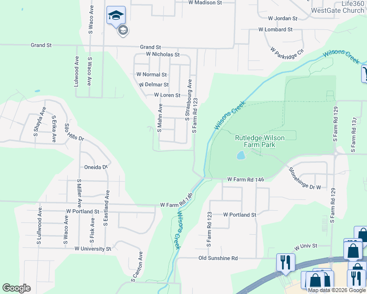 map of restaurants, bars, coffee shops, grocery stores, and more near 1407 South Farm Road 123 in Springfield