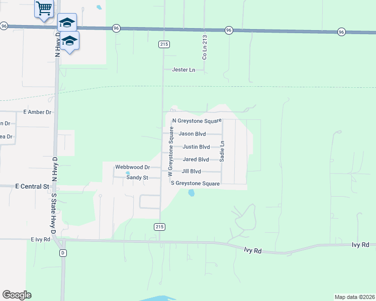 map of restaurants, bars, coffee shops, grocery stores, and more near 106 Justin Boulevard in Webb City