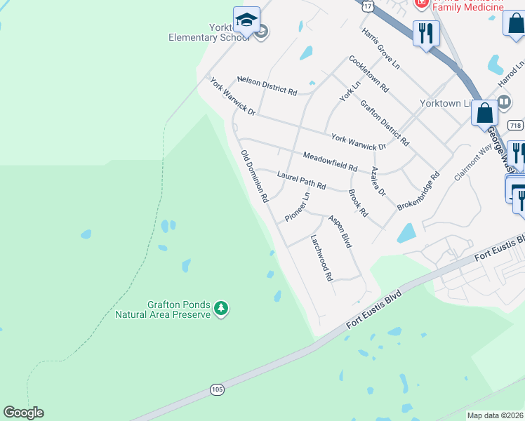 map of restaurants, bars, coffee shops, grocery stores, and more near 402 Old Dominion Rd in Yorktown
