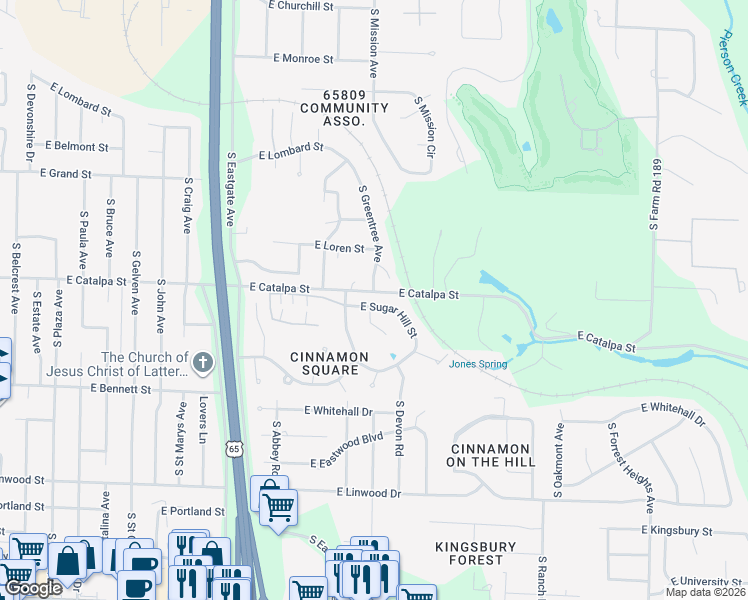 map of restaurants, bars, coffee shops, grocery stores, and more near 3702-3738 East Catalpa Street in Springfield