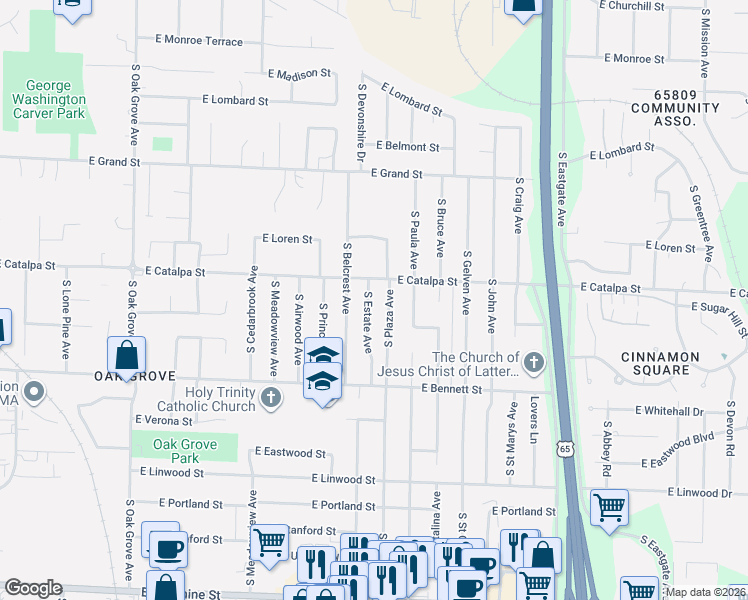 map of restaurants, bars, coffee shops, grocery stores, and more near 1219 South Estate Avenue in Springfield
