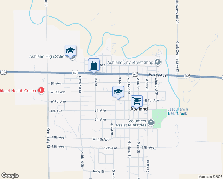 map of restaurants, bars, coffee shops, grocery stores, and more near 344 West 6th Avenue in Ashland