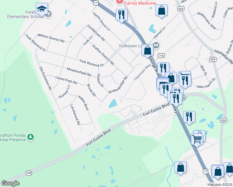 map of restaurants, bars, coffee shops, grocery stores, and more near 307 Brokenbridge Road in Yorktown