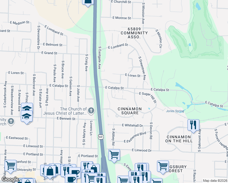 map of restaurants, bars, coffee shops, grocery stores, and more near 3452 E Catalpa St in Springfield