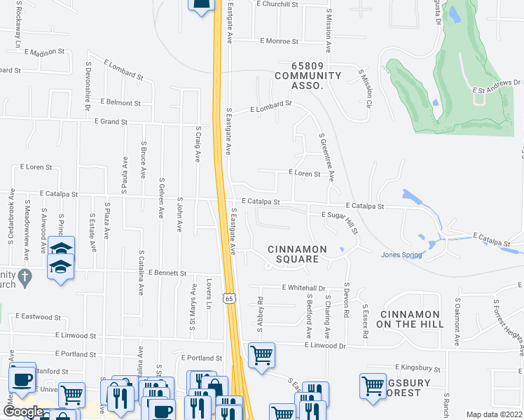 map of restaurants, bars, coffee shops, grocery stores, and more near 3452 East Catalpa Street in Springfield