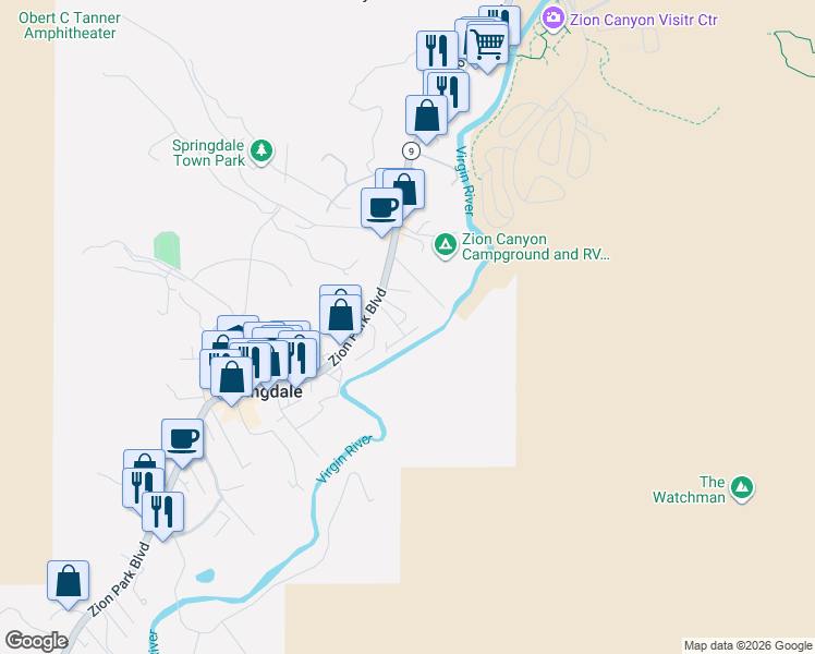 map of restaurants, bars, coffee shops, grocery stores, and more near 29 Canyon View Drive in Springdale