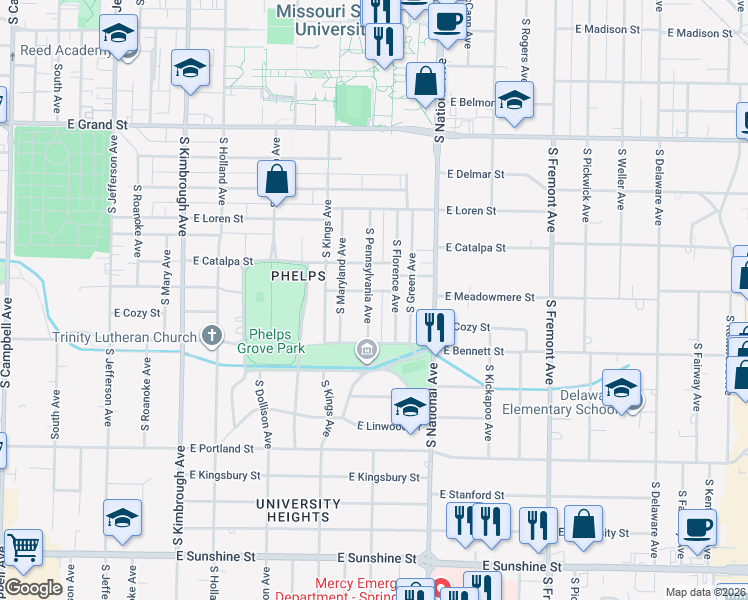 map of restaurants, bars, coffee shops, grocery stores, and more near 1306 South Pennsylvania Avenue in Springfield